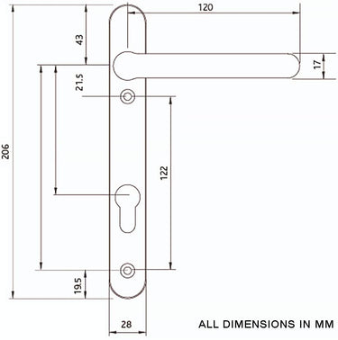Technical drawing of a door handle with backplate, showing dimensions in millimeters