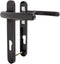Black UPVC door handle set with lever design, including internal and external handles, fitted with screws and spindle, against a white background.