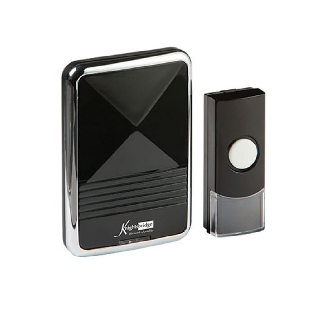 A black wireless plug-in door chime with a polished finish and chrome effect trim, including a round door bell button.