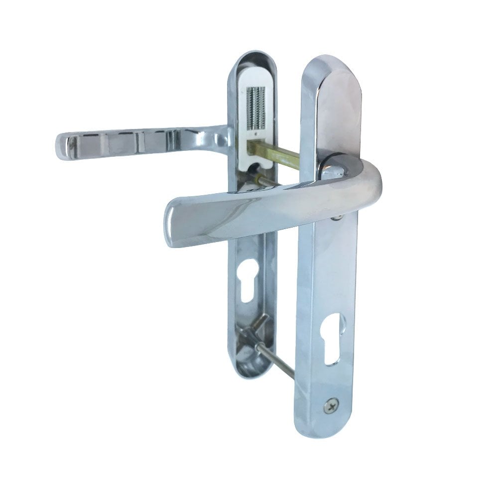 A set of chrome UPVC door handles with levers on both sides, including a spindle and screws, against a white background.