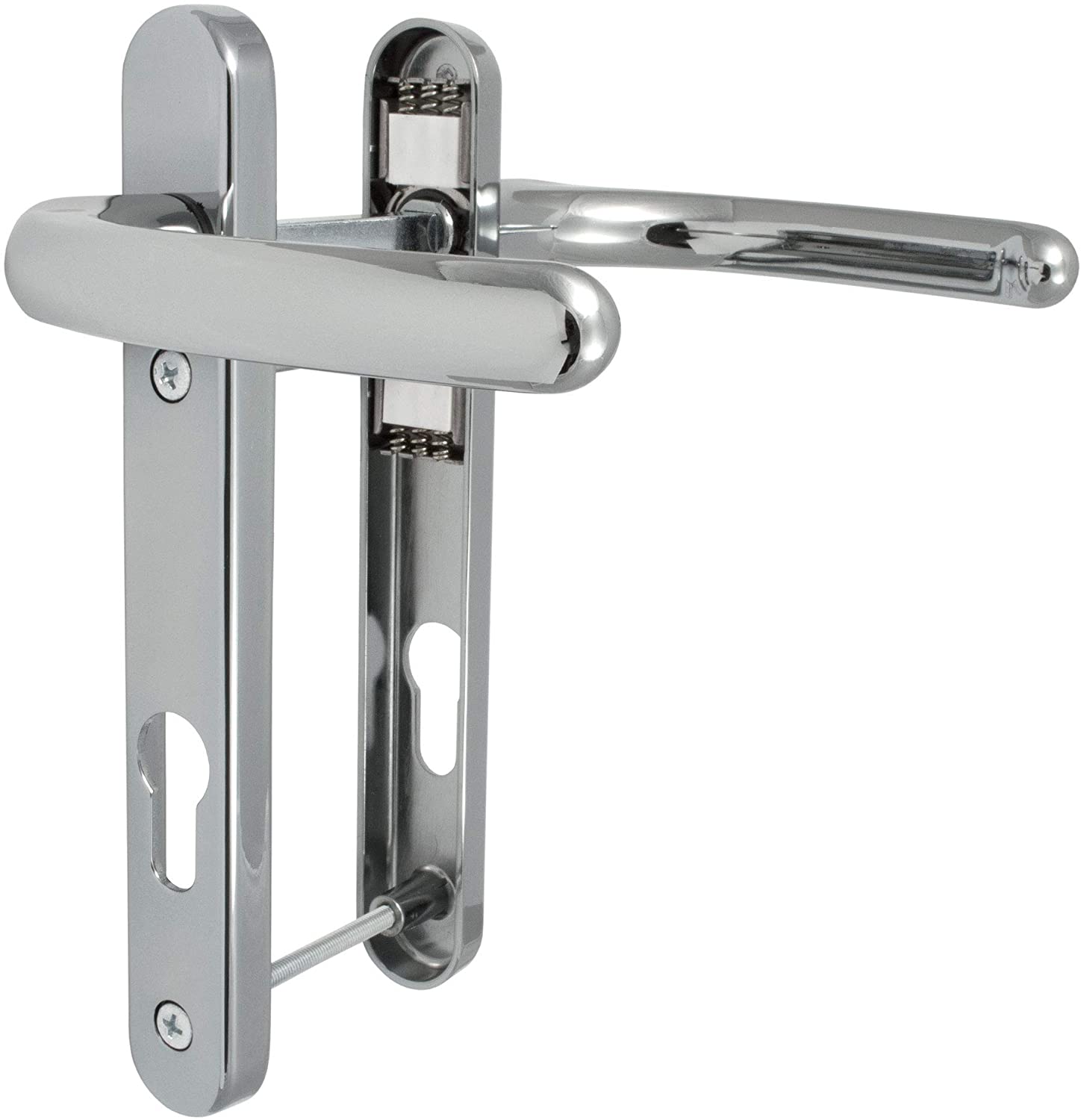 A silver chrome UPVC door handle set with a lever design, including visible screws and spindle, against a white background.