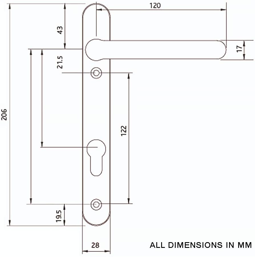 Technical line drawing of a door handle with backplate.