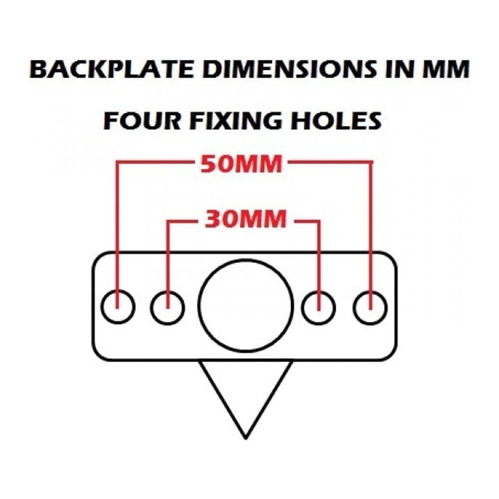 Diagram showing backplate dimensions with four fixing holes. Hole spacing is 30mm between inner holes and 50mm between outer holes. Measurements are in millimeters.