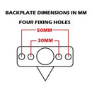 Diagram showing backplate dimensions with four fixing holes. Hole spacing is 30mm between inner holes and 50mm between outer holes. Measurements are in millimeters.