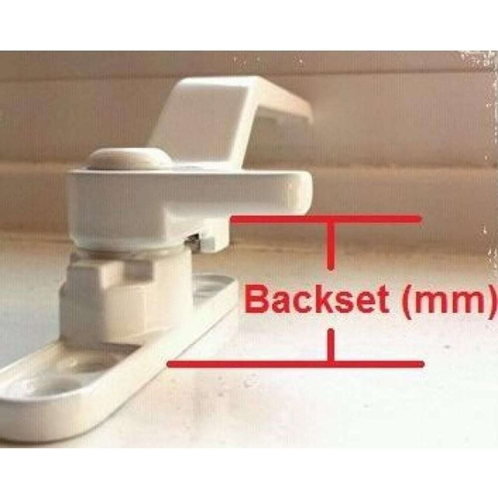 Side view of a white window handle showing how to measure the backset (distance from the front of the base plate to the center of the handle spindle).