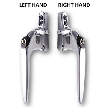 Left and right hand cockspur replacement uPVC Sparta window handles in polished chrome finish, each with key lock.
