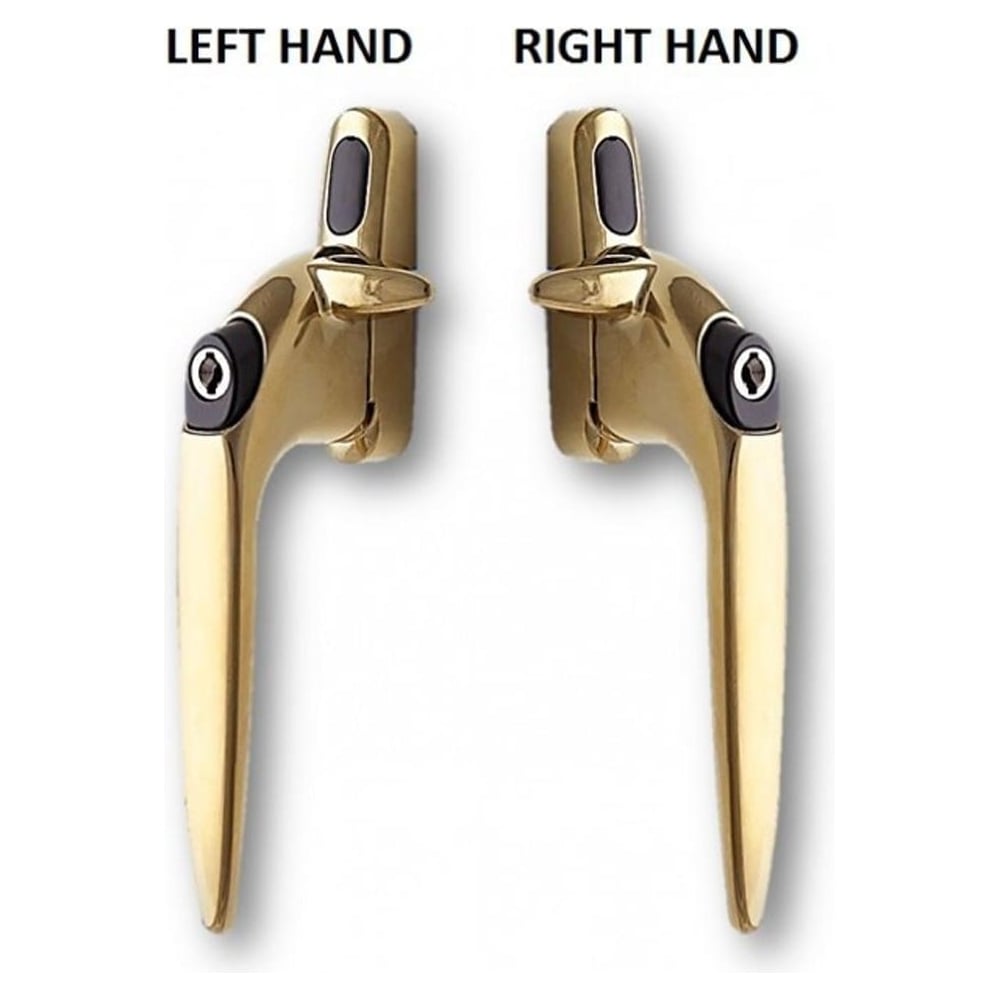 Two window handles, one labeled 'LEFT HAND' and the other 'RIGHT HAND', both in gold color.