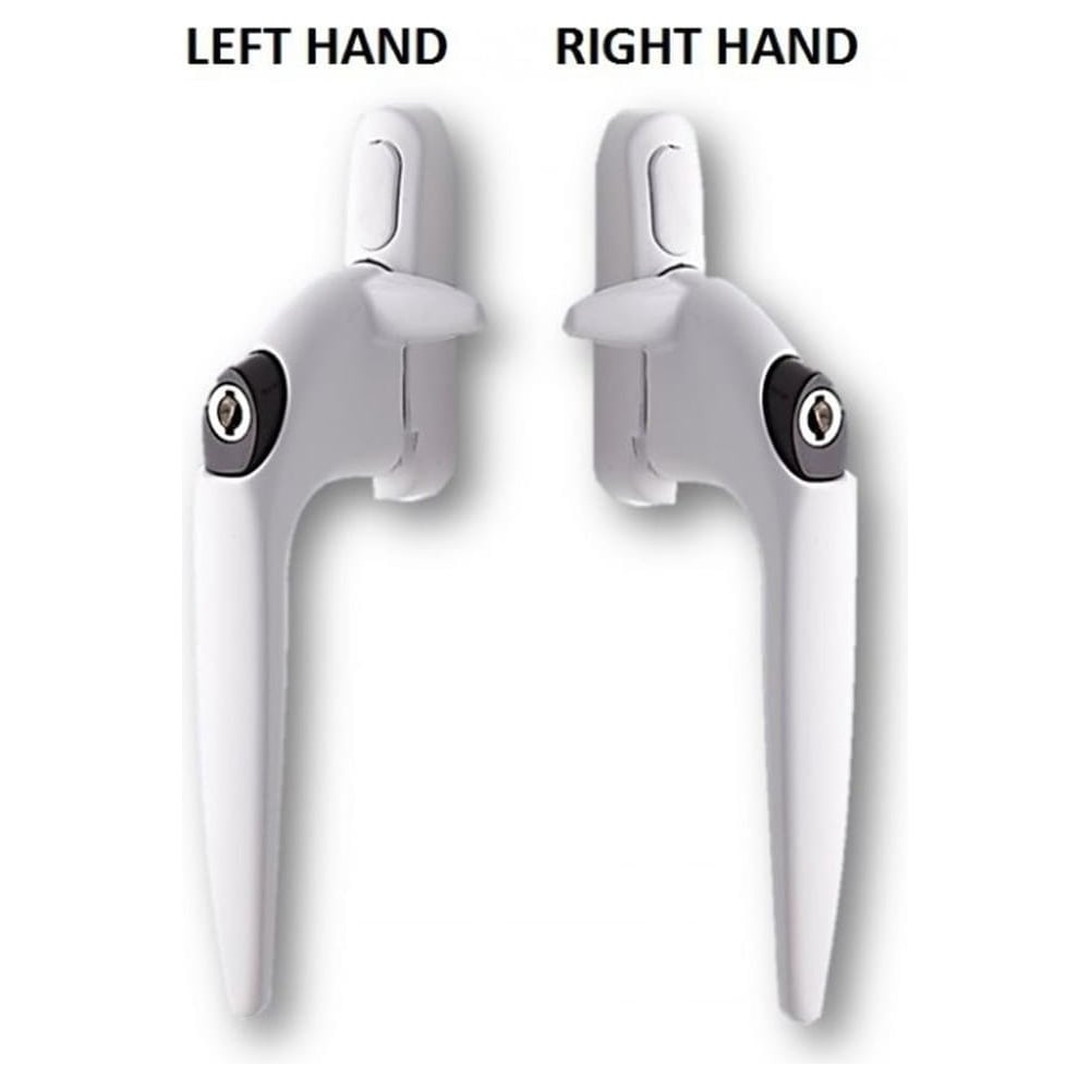 Two window handles, one labeled 'LEFT HAND' and the other 'RIGHT HAND', both in white color, with a keyhole visible on each handle.