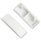 Two white plastic window handle striker plates with a groove in the center for accommodating a window handle, against a white background.