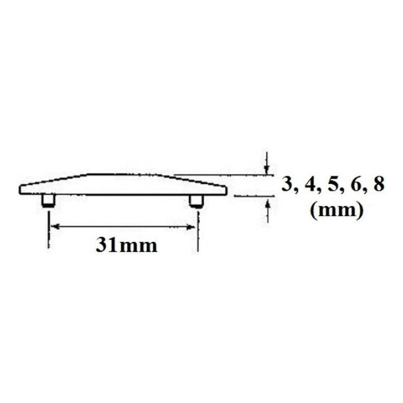 Diagram of Cockspur window handle wedges/striker plates showing a 31mm base width and various thickness options ranging from 3mm to 8mm.