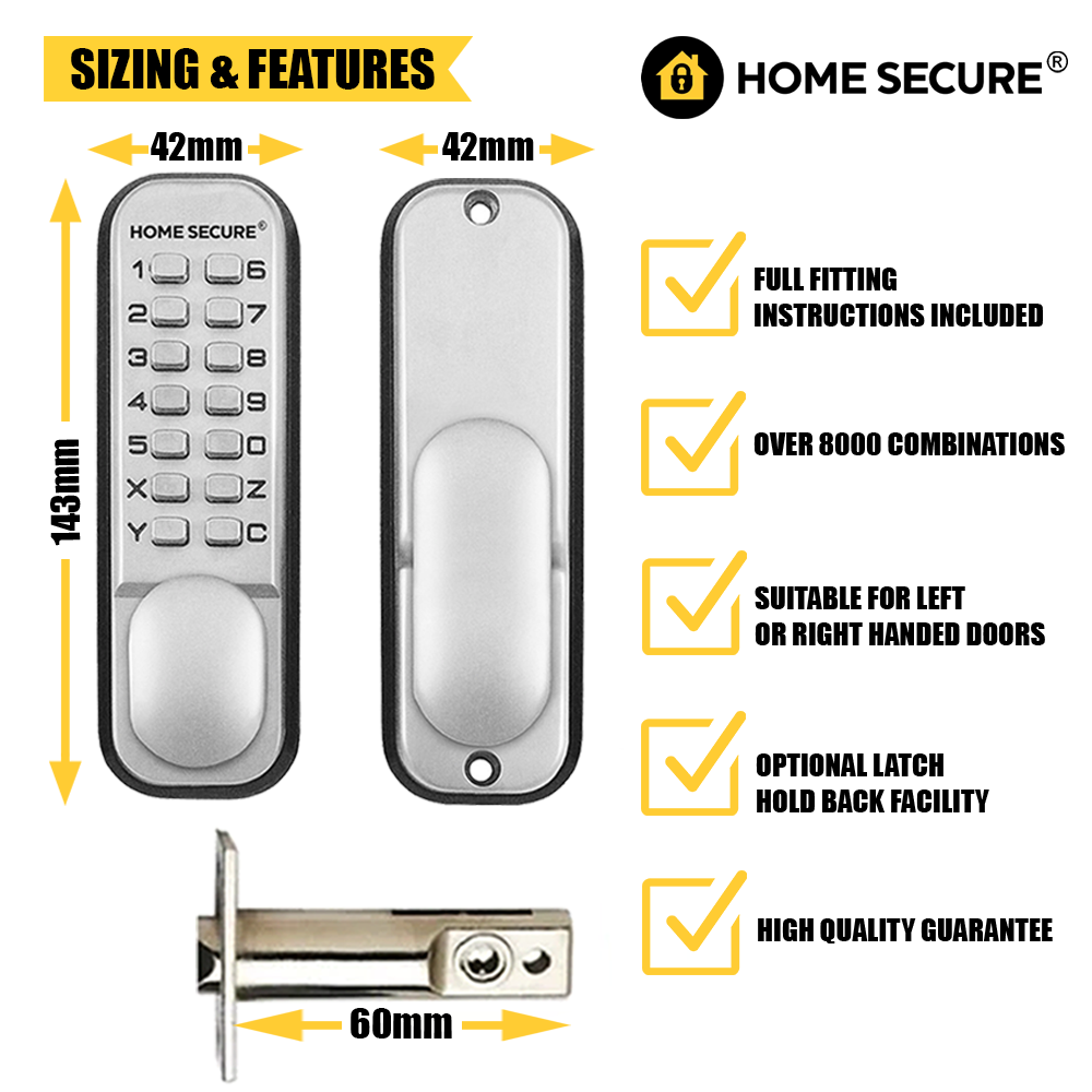Sizing and features image for a mechanical door lock by Home Secure. The keypad and thumb turn units are both 143mm tall and 42mm wide. The latch is 60mm long