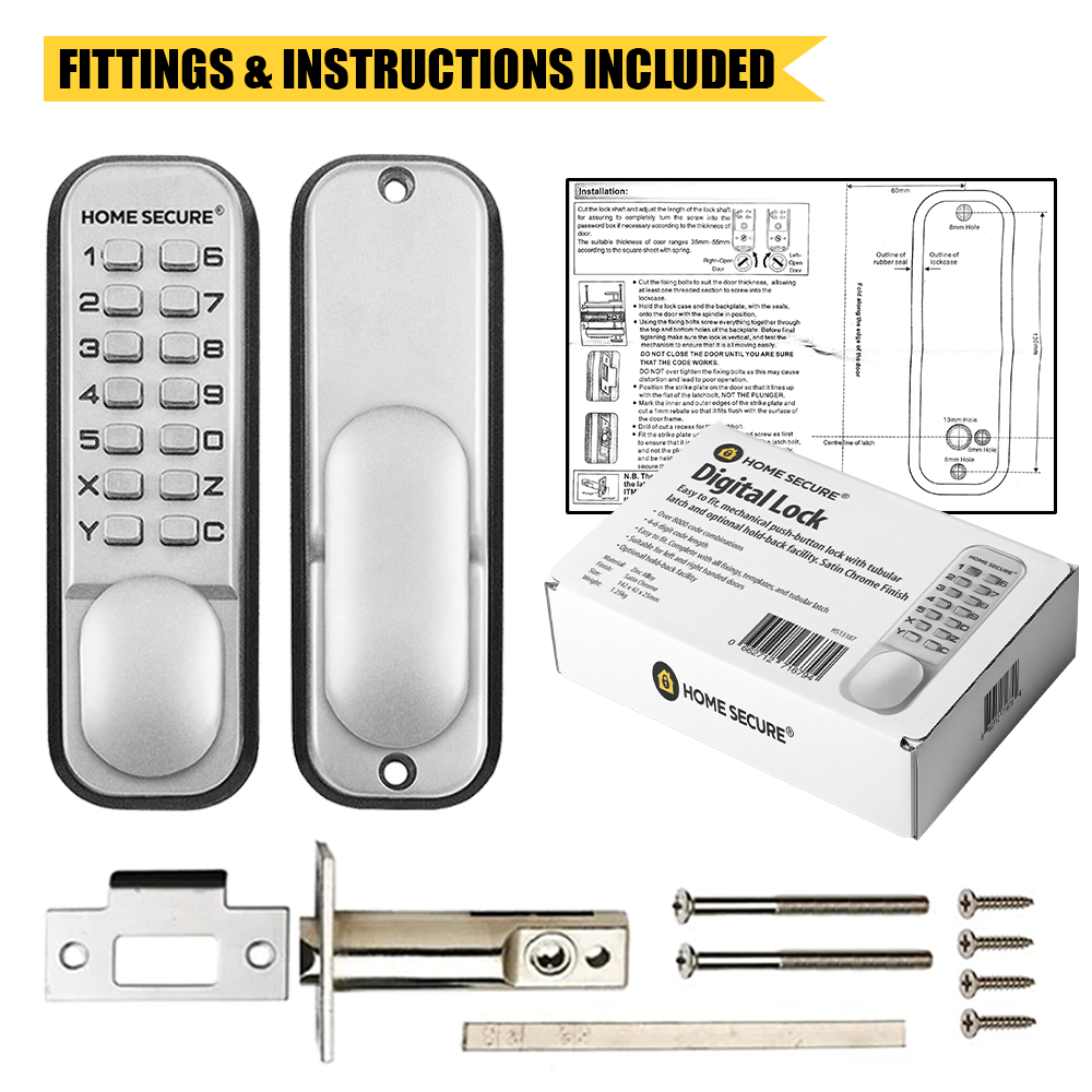 Image showing the complete fitting set for a Home Secure digital mechanical door lock. Includes a keypad unit, a matching thumb turn unit, latch mechanism, strike plate, screws, spindle bar, and installation guide