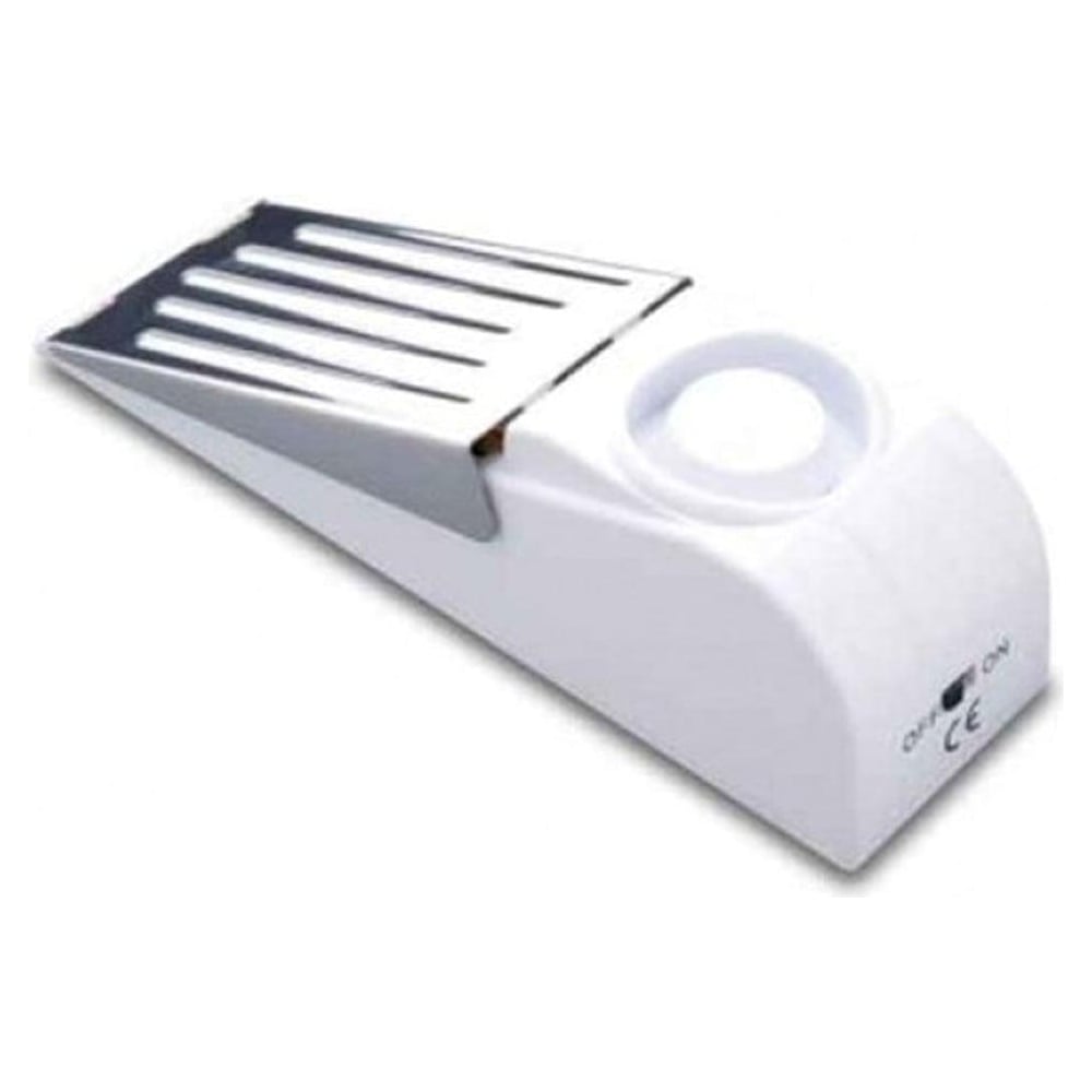 White door stop wedge alarm with a silver metal top and an on/off switch on the side, designed to secure doors and trigger an alarm if tampered with.