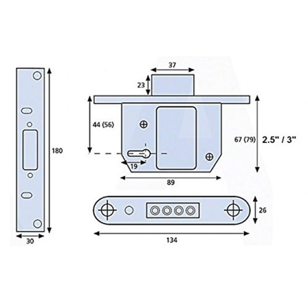 Technical drawing of a mortise lock with detailed dimensions in millimeters. The image shows three views: front, side, and top.