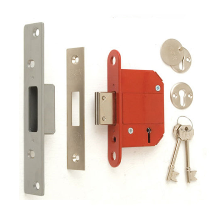 An image showing the components of the ERA Fortress 5 Lever Mortice Deadlock, including the lock case, face plate, keys, and keyhole escutcheon, all in satin chrome finish.