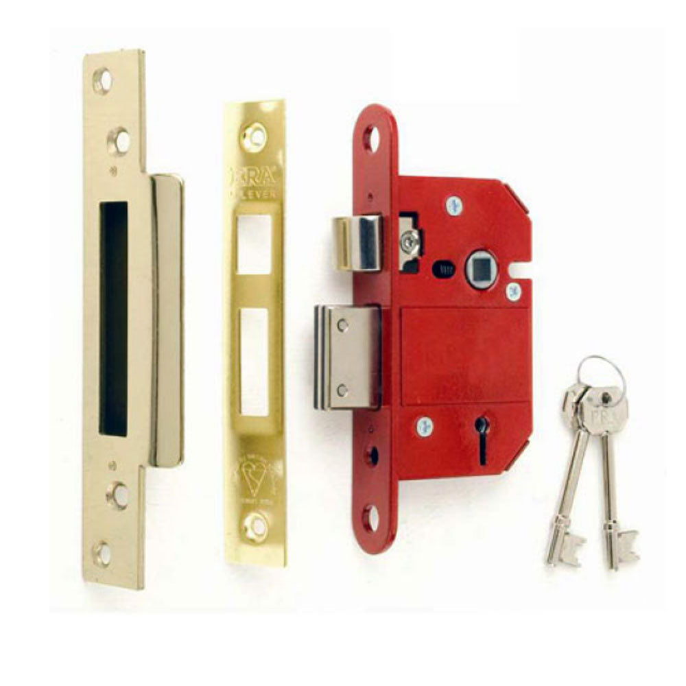 ERA Fortress 5 Lever Mortice Sashlock with brass finish, including a red box striker, brass key, and silver face plate.