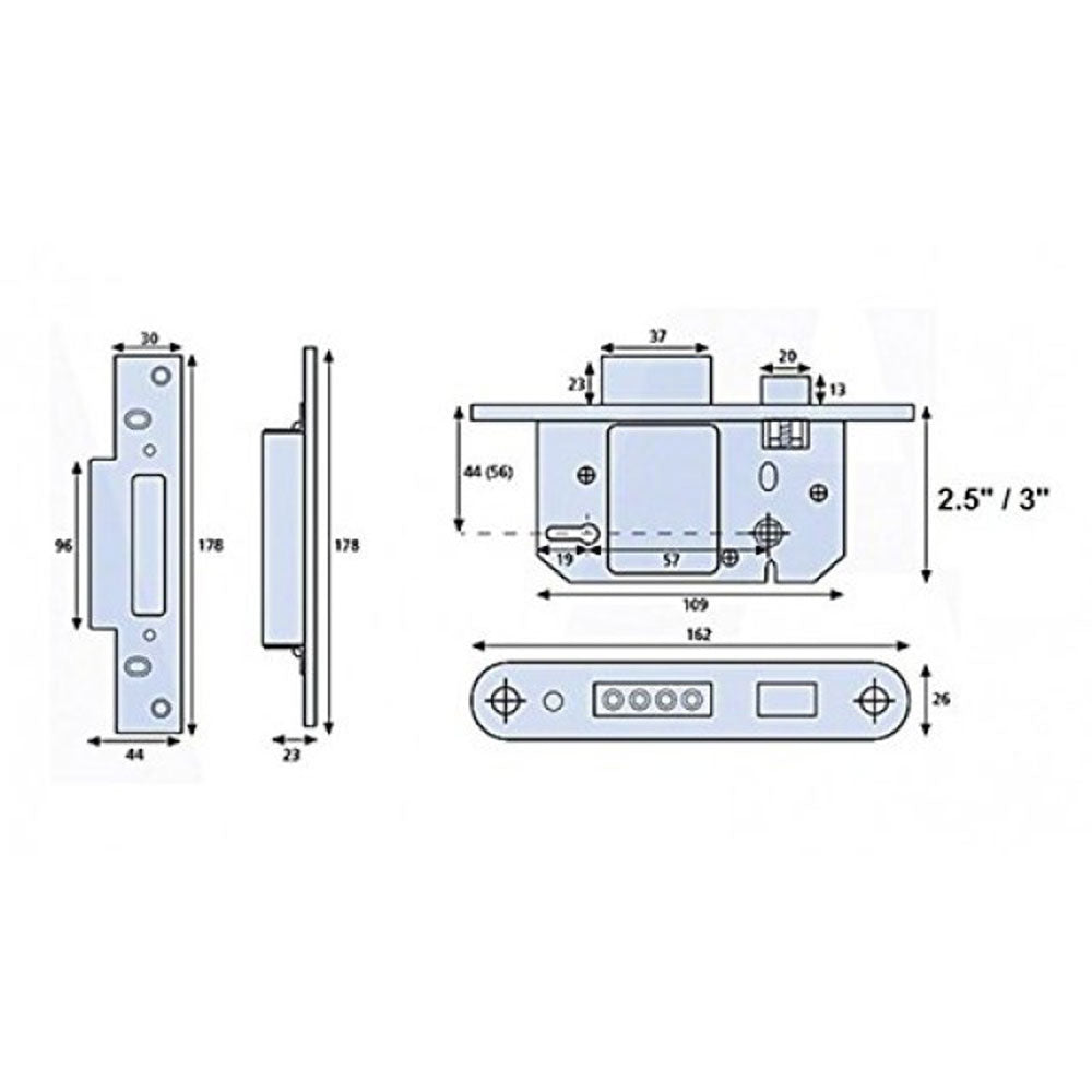 Technical drawing of a mortise lock with detailed dimensions in millimeters. The image shows three views: front, side, and top.