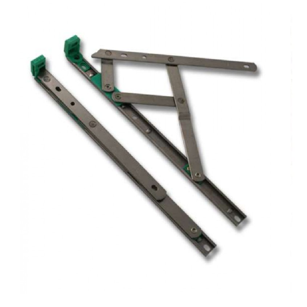 A pair of silver window hinges with green components, designed for Egress Fire Escape Openings.