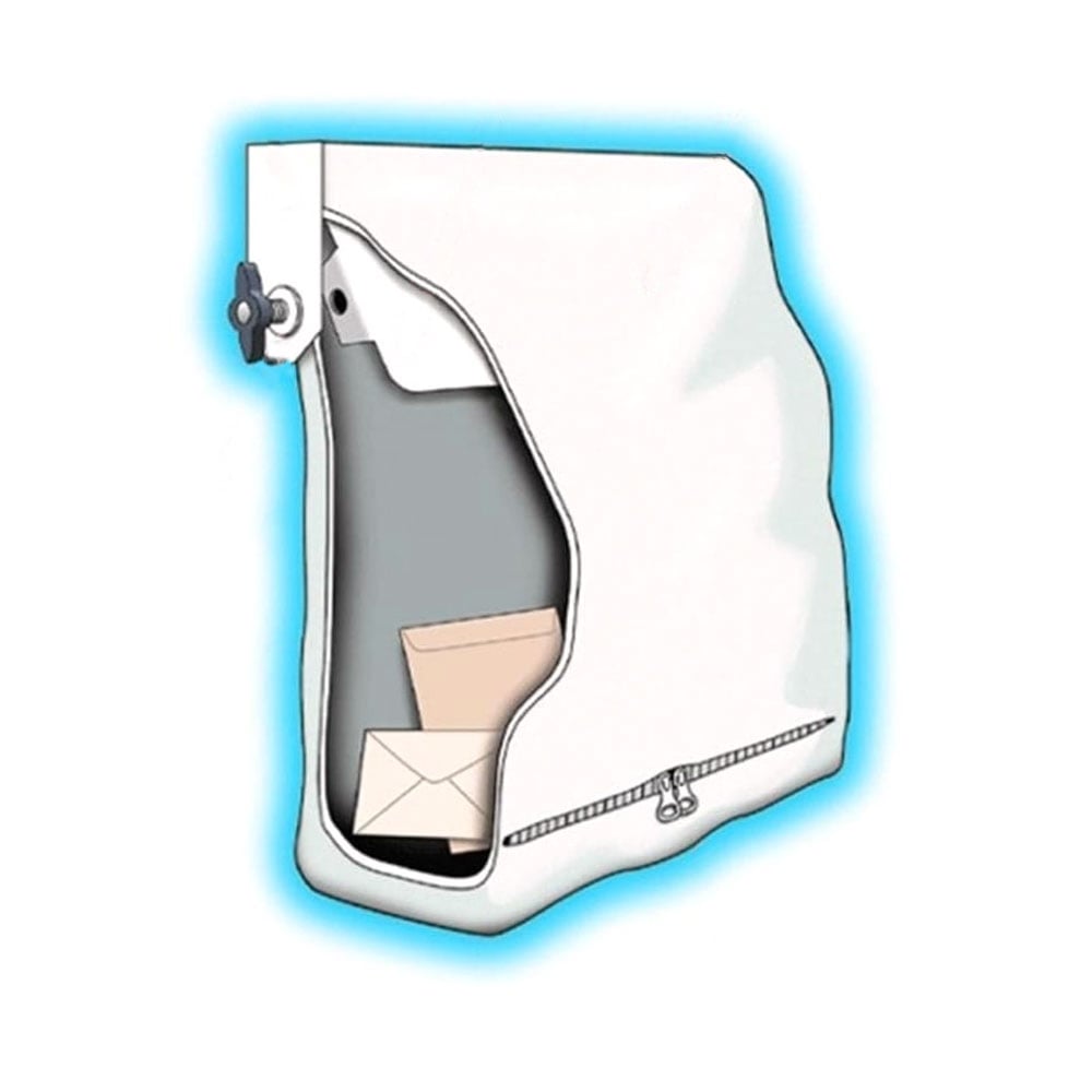 Illustration of a white letterbox bag with a letterbox compartment, designed to be attached to a door.