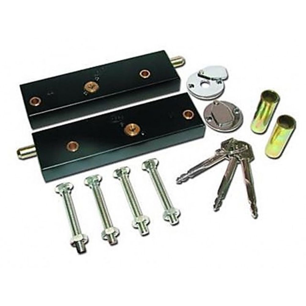 A set of black garage door bolt locks with accompanying hardware and keys laid out on a white background.