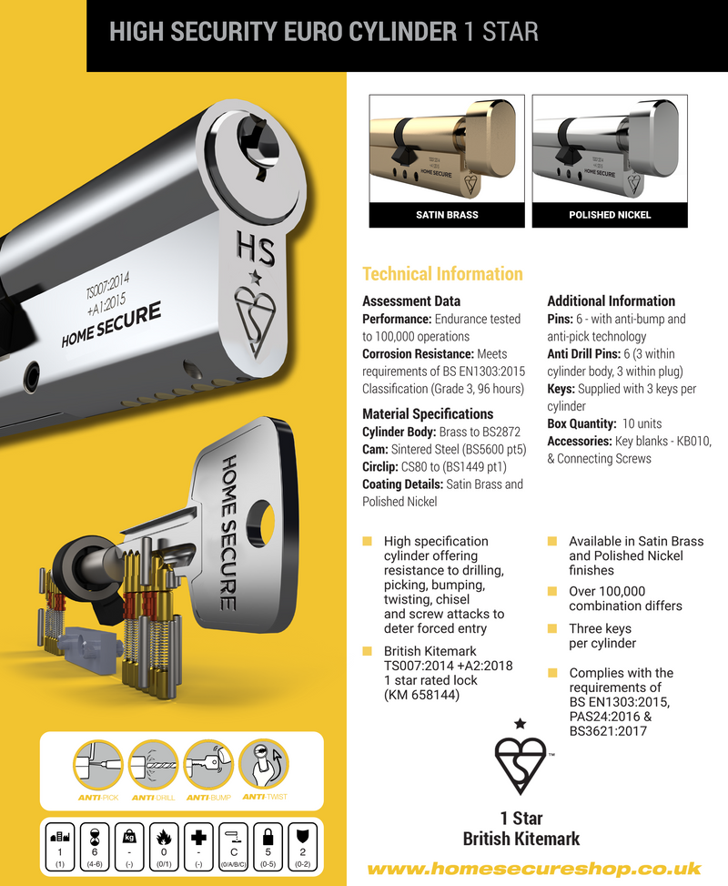 Home Secure 1 Star Euro Cylinder Door Lock