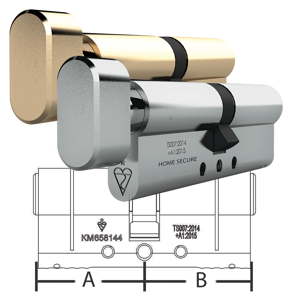 A Home Secure 1 Star Euro Cylinder Door Lock, featuring a silver and gold colored cylinder with a thumb turn, and an illustration of its installation below.