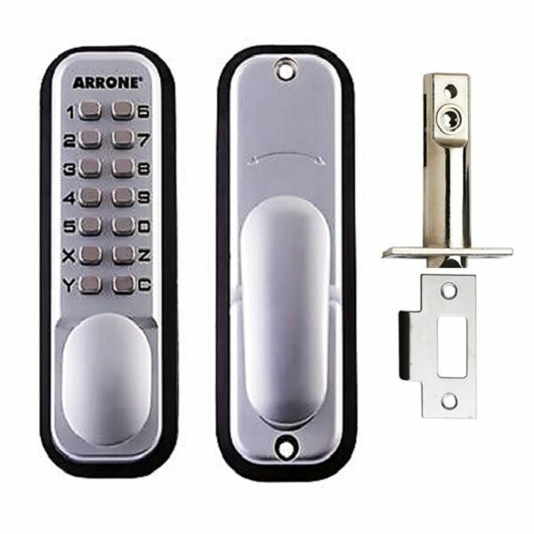 Digital push button door key pad lock with a keypad and a lever, primarily in silver color.