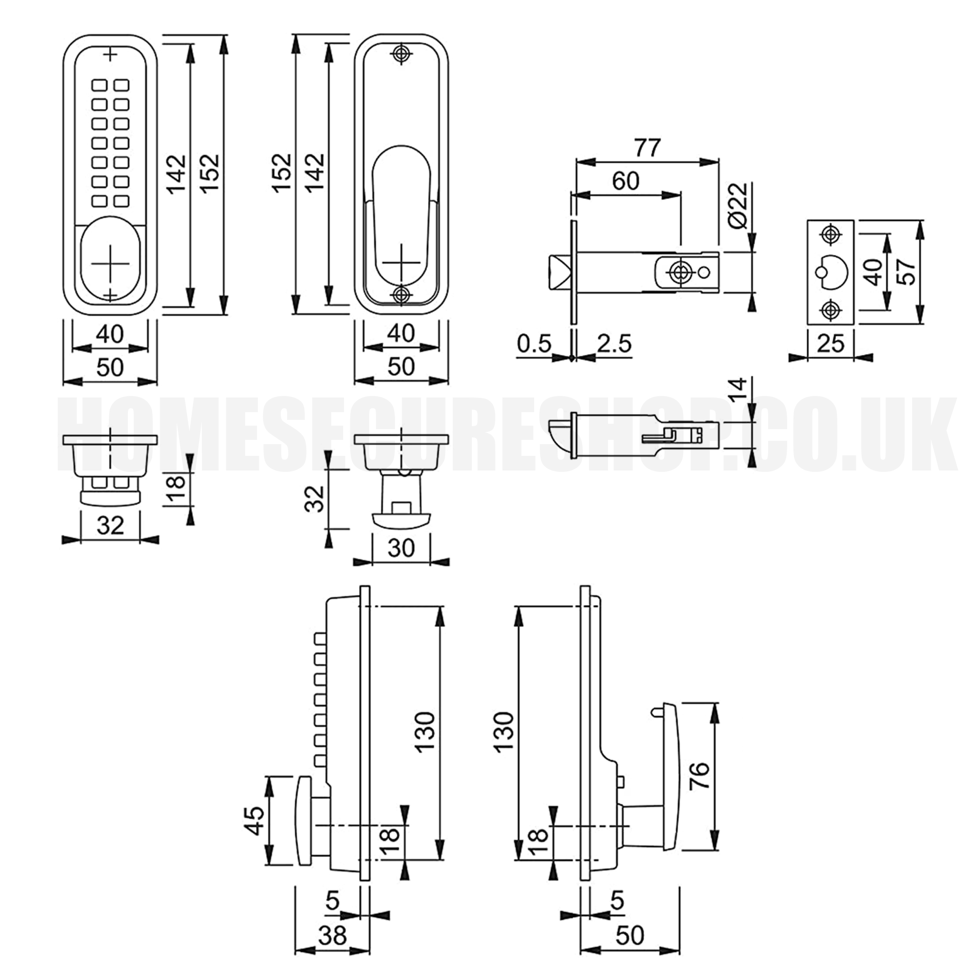 The diagram includes front and side views of both the keypad and handle units, latch mechanism, and spindle components
