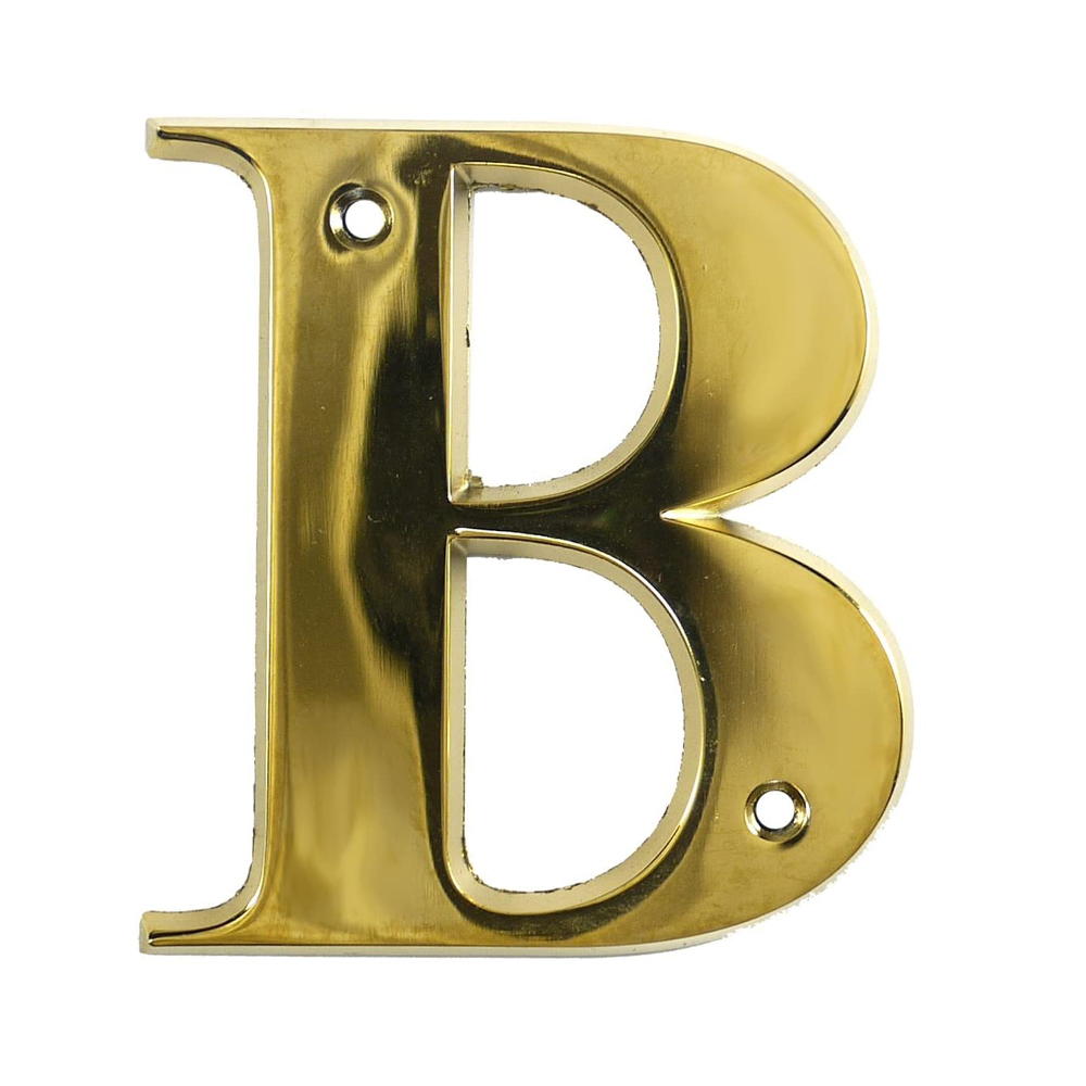 A gold metal letter 'B' with screw holes, intended for use as a house door letter