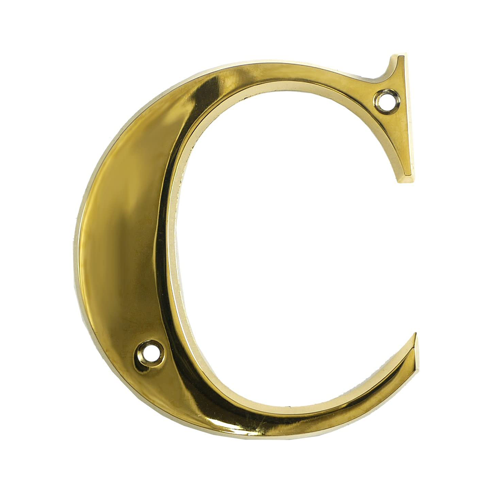 A gold metal letter 'C' with screws on a white background, intended for use as a house door letter.