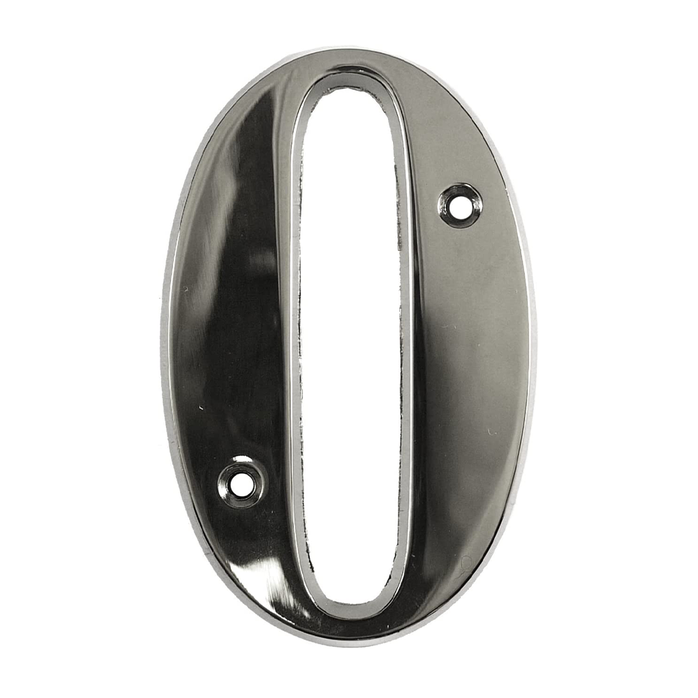 A chrome-plated house door number 0 with a sleek design, intended for use on various door types such as uPVC, timber, and composite doors.