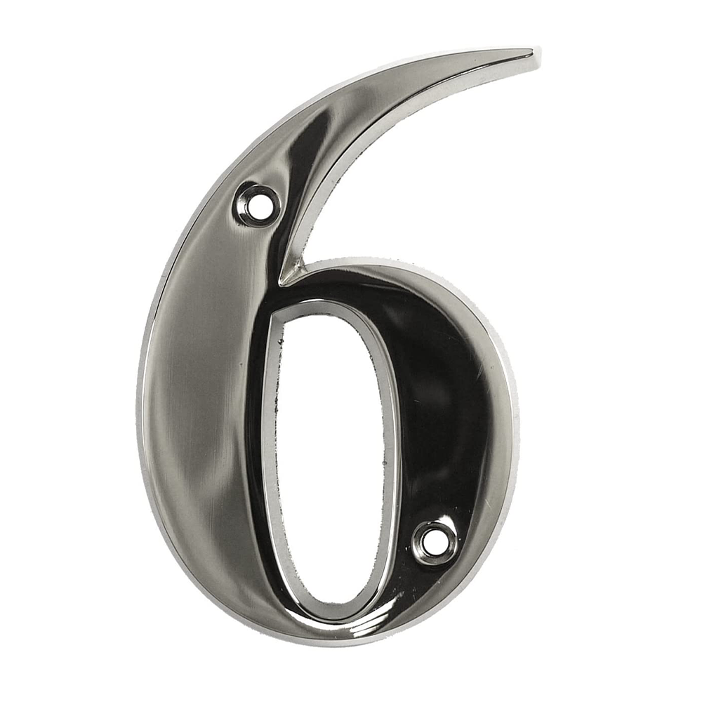 A chrome-plated house door number 6 with a sleek design, intended for use on various door types such as uPVC, timber, and composite doors.