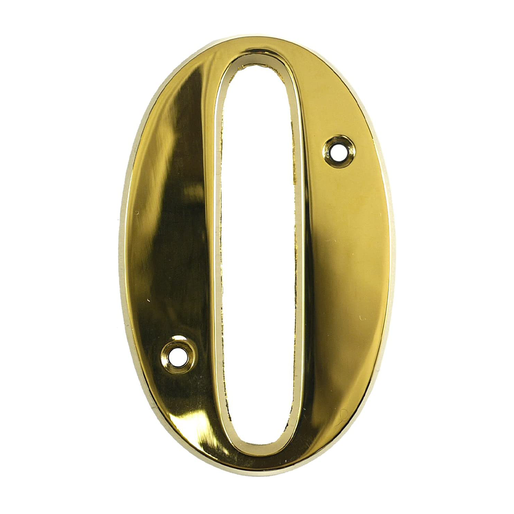 Gold colored door number 0 with a sleek, curved design, equipped with two screw holes for mounting.