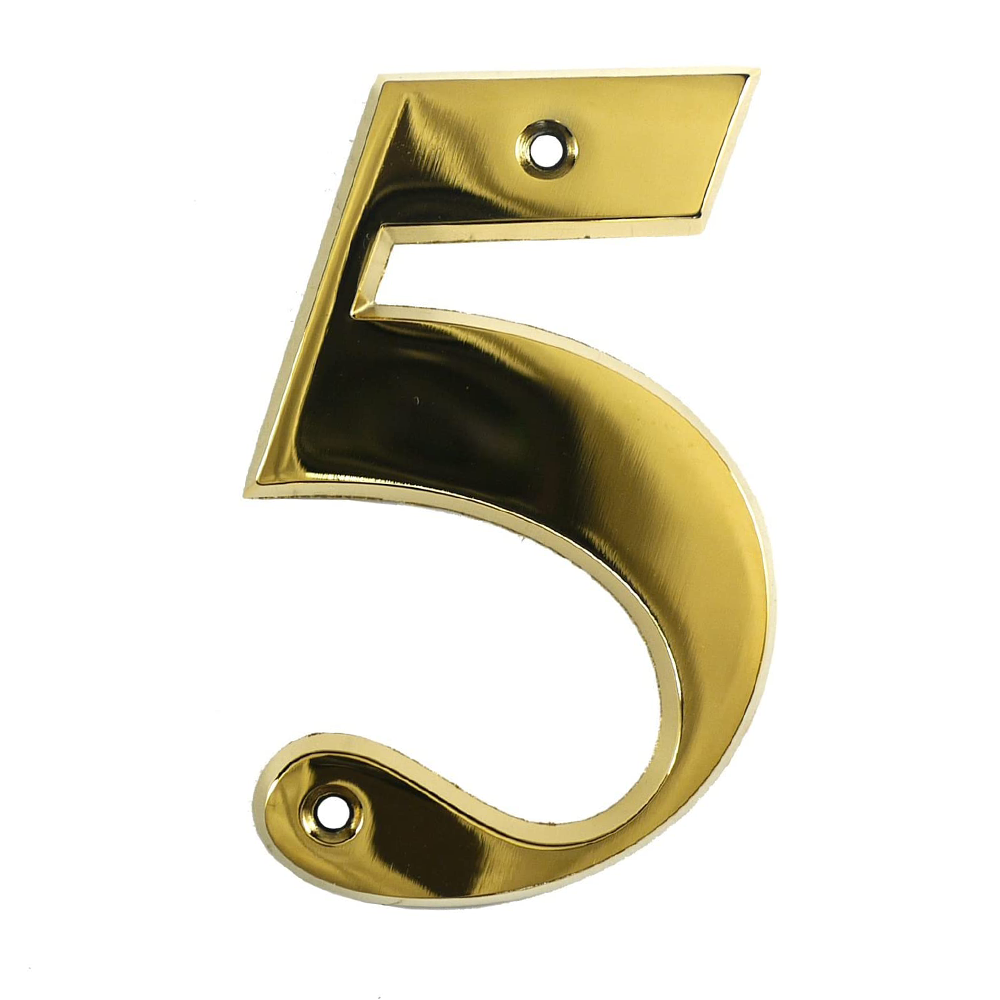 A gold metal house number in the shape of the numeral 5.