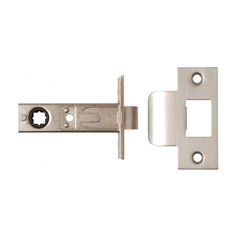 Interior door handles on round rose plates in satin nickel and polished chrome finishes.