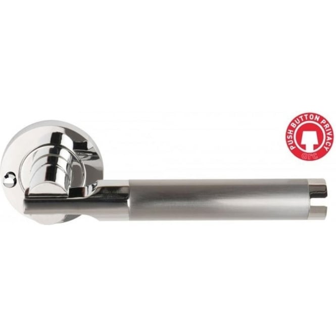 A set of satin nickel polished chrome door handles on a rose, including two handle levers, spindle, and privacy latch, against a white background.