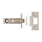 Interior door handles on round rose plates in satin nickel and polished chrome finishes.