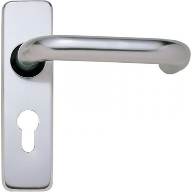 Polished aluminium door handle lever on backplate with a keyhole, viewed from an angle.