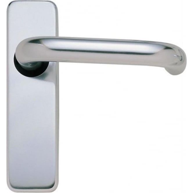A polished aluminium door handle lever on a backplate.