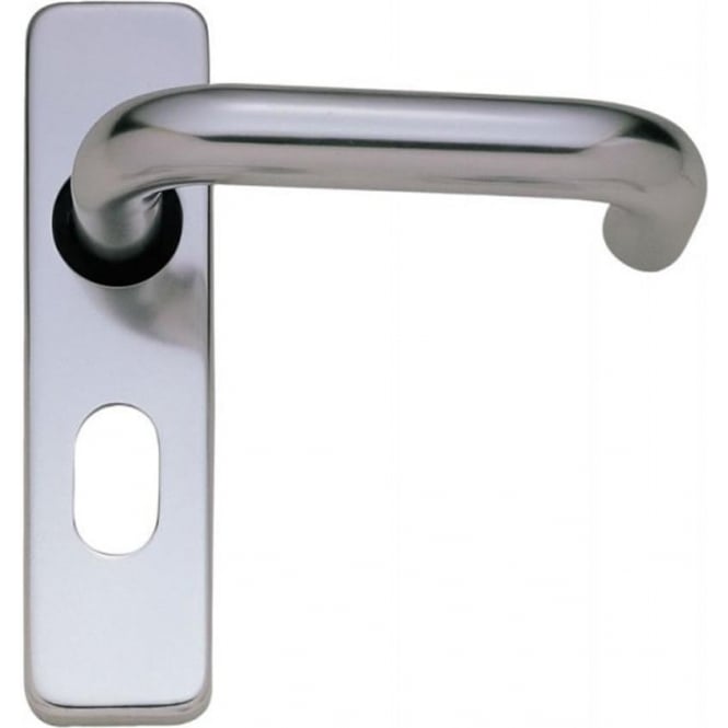 A polished aluminium door handle lever on a backplate with an oval lock hole.