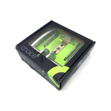 Boxed internal door handle pack with handles, hinges, and latch on green background inside black packaging labeled "choice".