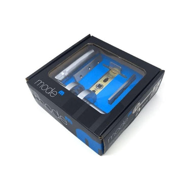 Boxed internal door handle pack containing handles, latch, and hinges with blue internal packaging.