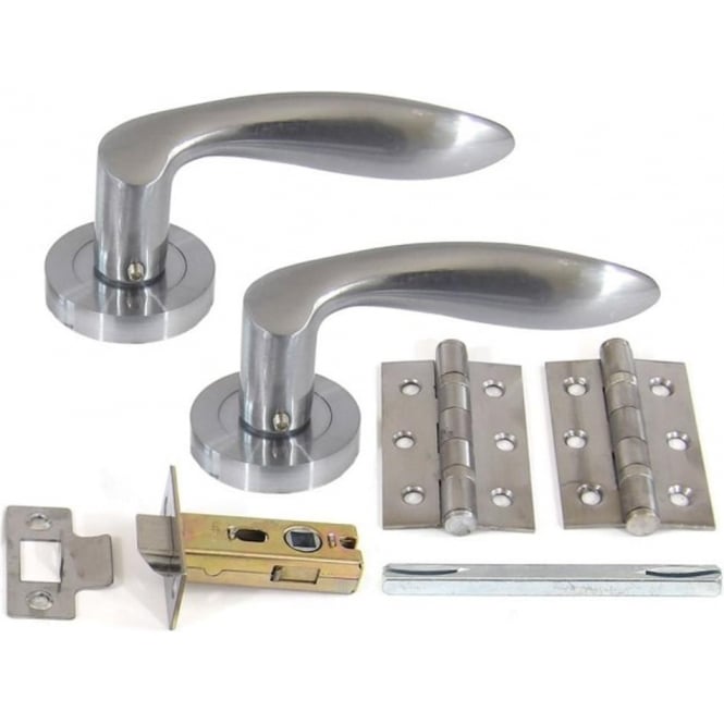 A set of internal door handles with satin and polished stainless steel finish, including two levers, spindle, hinges, and a latch.