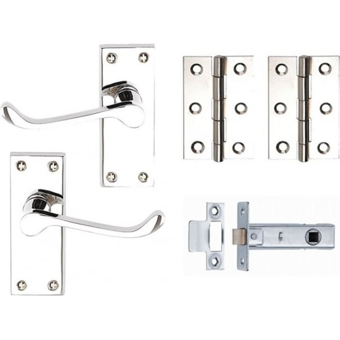 Polished chrome internal door handle set with two lever handles, two hinges, and a latch mechanism.