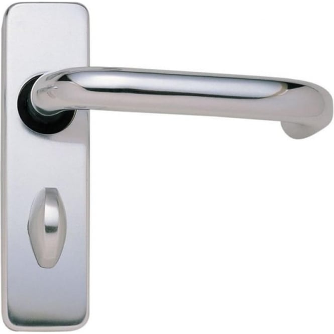 Polished aluminium internal door handle with integrated bathroom privacy lock set featuring a sleek lever design and thumb turn for privacy locking.
