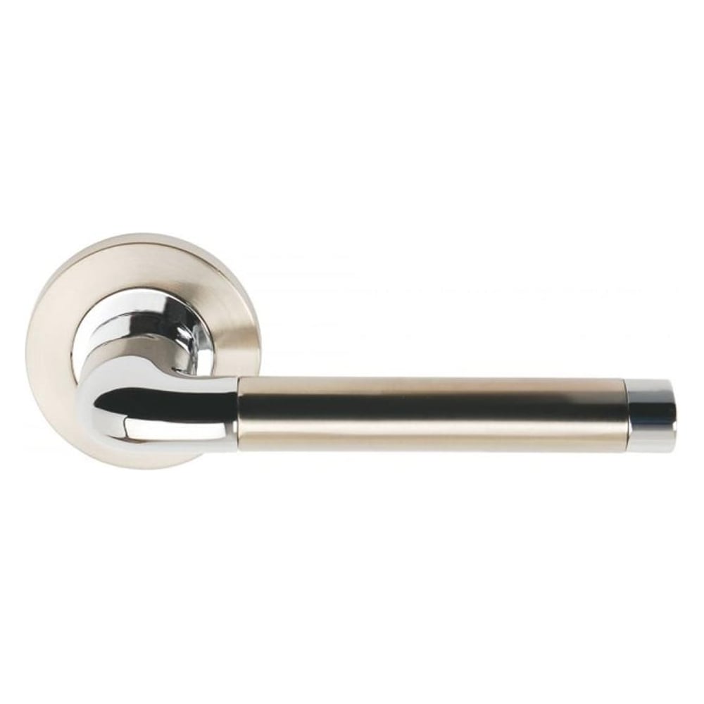 A satin nickel polished chrome door handle lever on a rose.