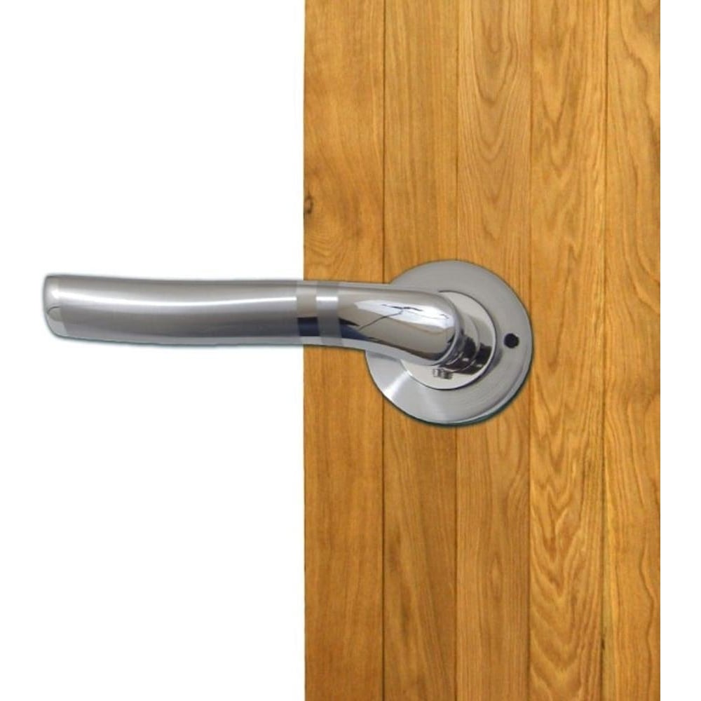 Silver door handle on a wooden door.