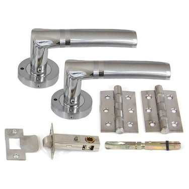 Set of two silver door handles with matching hinges, latch, and strike plate, all laid out on a white background.