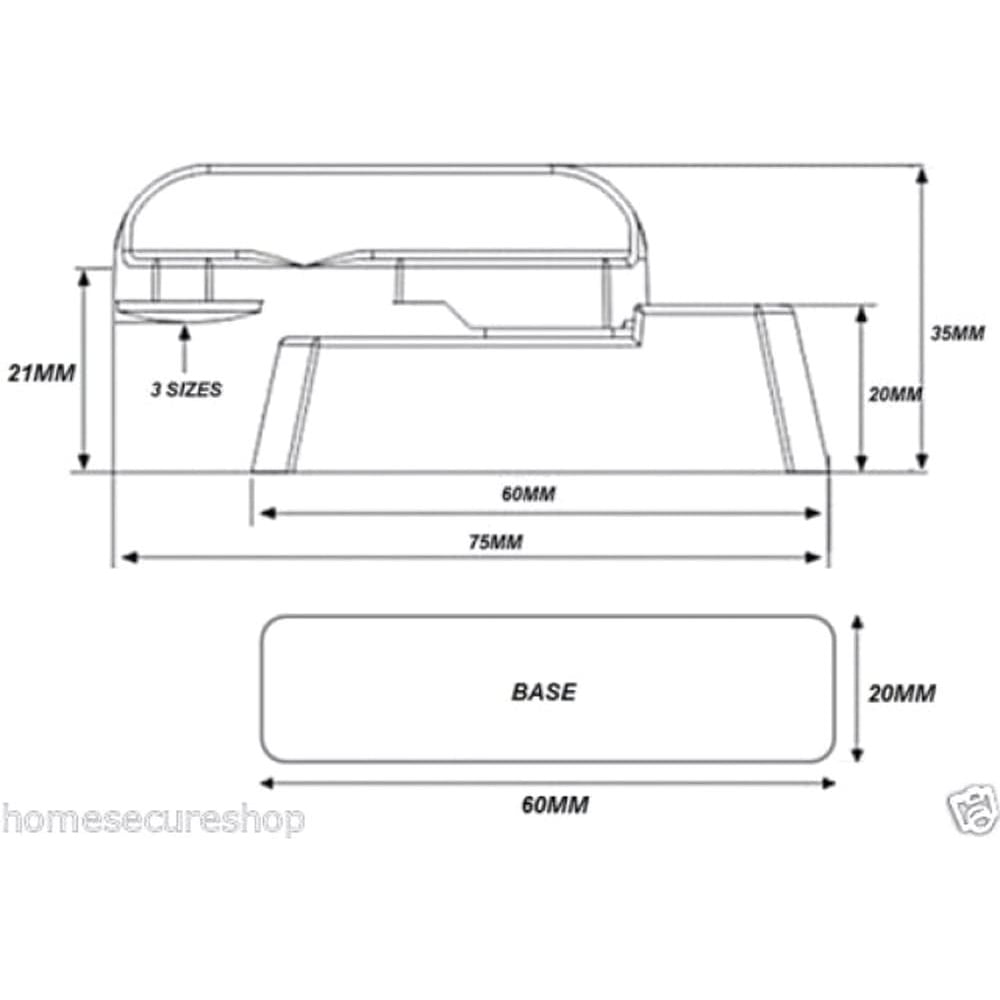 The image you provided is a technical drawing with dimensions of what appears to be a base-mounted housing or enclosure, likely for an electronic device (possibly a siren or alarm system, as suggested by the style) for key lockable sash jammer