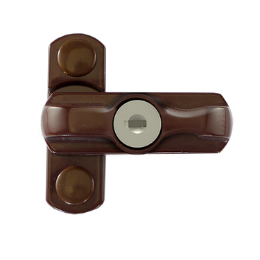 Brown locking window handle with keyhole in the center and two visible screw covers, viewed from the front against a transparent background